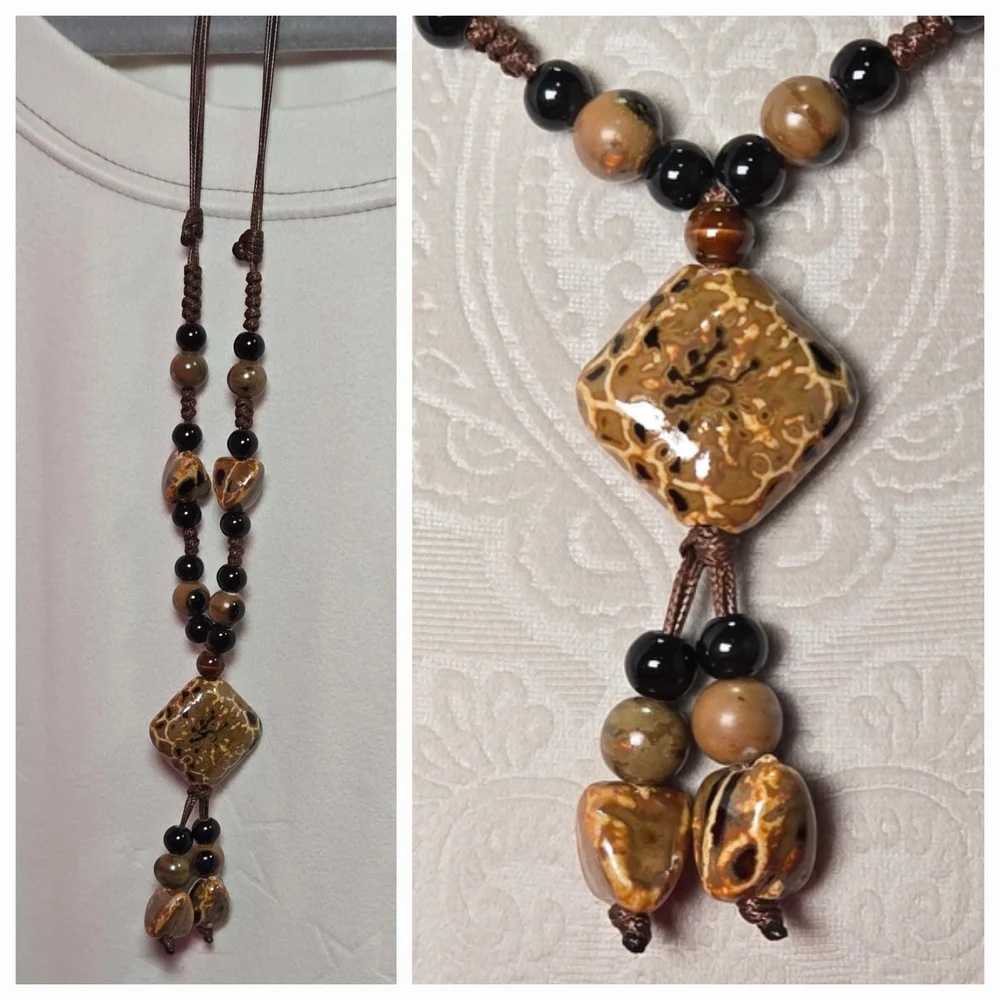 Bohemian Long Natural Stone Tassel Necklace Adjustable Multi-Layer Leather Cords